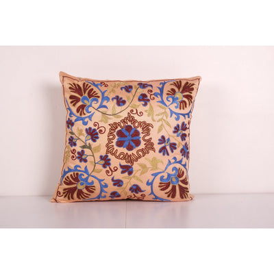 Handmade Silk Suzani Cushion Cover, Salmon Embroidered Uzbek Pillowcase, Designer Cushion 18'' x 19''