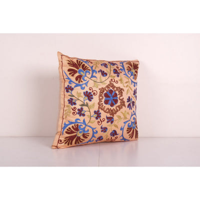 Handmade Silk Suzani Cushion Cover, Salmon Embroidered Uzbek Pillowcase, Designer Cushion 18'' x 19''