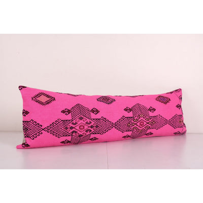 Turkish Pink Bedding Pillow Cover, Organic Wool Boho Pillow Cover, Extra Long Hippie Bed Cushion 12'' x 40''