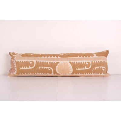 Suzani Lumbar Pastel Long Pillow from Vintage Suzani Textile - Tan Ethnic Bedding Cushion Cover - Embroidery Ethnic House Decor 12'' x 40''