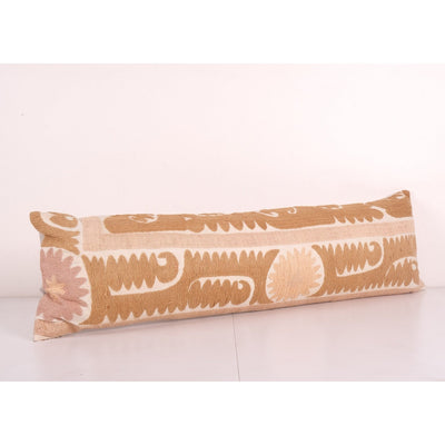 Suzani Lumbar Pastel Long Pillow from Vintage Suzani Textile - Tan Ethnic Bedding Cushion Cover - Embroidery Ethnic House Decor 12'' x 40''