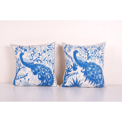 Vintage Folk Art Pictorial Peacock Suzani Pillow Case From Uzbekistan, Set of Two Samarkand Suzani Cushion 18'' x 18''