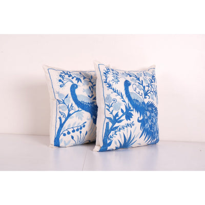 Vintage Folk Art Pictorial Peacock Suzani Pillow Case From Uzbekistan, Set of Two Samarkand Suzani Cushion 18'' x 18''