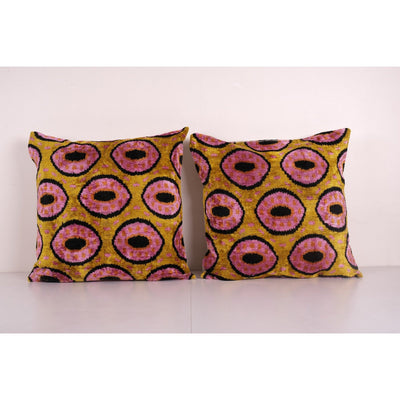 Silk Ikat Velvet Bronze Pillow Cover, Matching Pink Ikat Pillowcase, Set Uzbek Pink Designer Throw Pillow 24'' x 24''