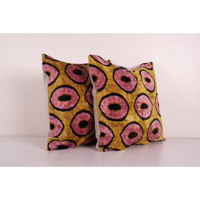 Silk Ikat Velvet Bronze Pillow Cover, Matching Pink Ikat Pillowcase, Set Uzbek Pink Designer Throw Pillow 24'' x 24''