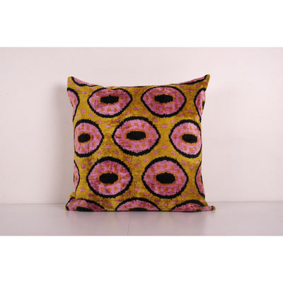 Square Bronze Ikat Velvet Pillow, Silk Ikat Cushion Cover, Pink Ikat Pillowcase, Unusual Design Uzbek Tribal Pillow 24'' x 24''