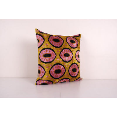Square Bronze Ikat Velvet Pillow, Silk Ikat Cushion Cover, Pink Ikat Pillowcase, Unusual Design Uzbek Tribal Pillow 24'' x 24''