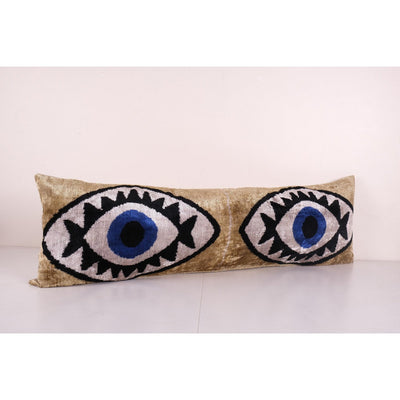 Gold Ikat Eye Velvet Pillow, Handwoven Silk Velvet Extra Long Lumbar Cushion Cover, Designer Bedding Pillow 16'' x 48''