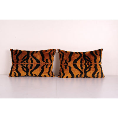 Ikat Bronze Tiger Pillow Cover - Set of Two Silk Velvet Lumbar Pillow Cover - Pair Ethnic Decorative pillow - Velvet Ikat pillow 16'' x 22''