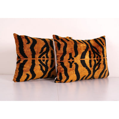 Ikat Bronze Tiger Pillow Cover - Set of Two Silk Velvet Lumbar Pillow Cover - Pair Ethnic Decorative pillow - Velvet Ikat pillow 16'' x 22''