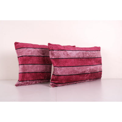 Ikat Pink Lumbar Pillow Cover - Set of Two Silk Striped Velvet Cushion Cover - Ethnic Decorative pillow 16'' x 26''