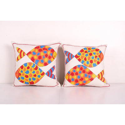 Bohemian Fish Figured Cotton Pillowcase, Set of Two Ethnic Animal Pattern Designer Cushion - Hand Embroidered Pillow Cover 18'' x 18''