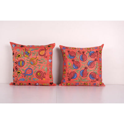 Suzani Silk Cushion Cover, Set of Two Hand Embroidery Peach Orange Uzbek Pillows 19'' x 19''