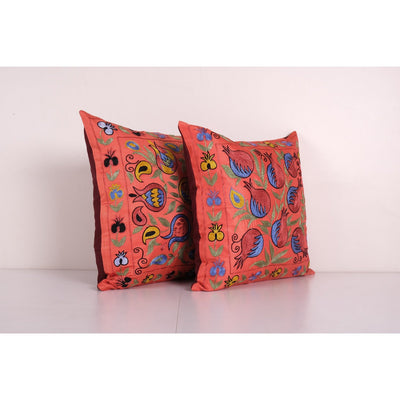 Suzani Silk Cushion Cover, Set of Two Hand Embroidery Peach Orange Uzbek Pillows 19'' x 19''