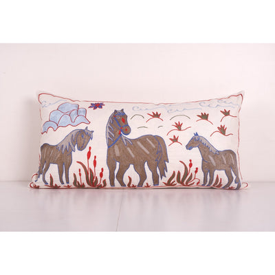 Suzani Horse Pillow Cover, Animal Pictorial Cotton on Cotton Suzani Cushion 18'' x 35''