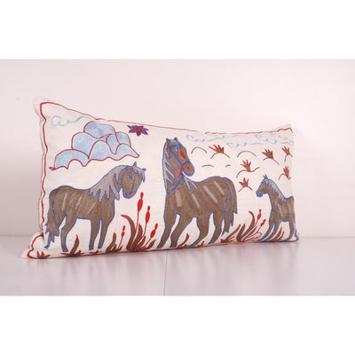 Suzani Horse Pillow Cover, Animal Pictorial Cotton on Cotton Suzani Cushion 18'' x 35''