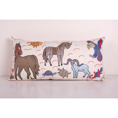 Tashkent Suzani Pillow Case Made from a 19th Century Suzani - Abstract Uzbek Horse Pictorial Lumbar Cushion Cover 18'' x 35''