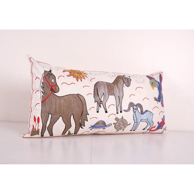 Tashkent Suzani Pillow Case Made from a 19th Century Suzani - Abstract Uzbek Horse Pictorial Lumbar Cushion Cover 18'' x 35''