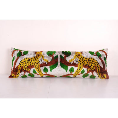 Tiger Design Yellow Extra Long Ikat Velvet Pillow, Animal Printed Lumbar Pillows, Branch Design Bedding Cushion 14'' x 45''