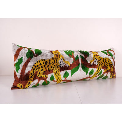 Tiger Design Yellow Extra Long Ikat Velvet Pillow, Animal Printed Lumbar Pillows, Branch Design Bedding Cushion 14'' x 45''