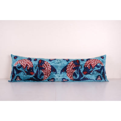Fish Ikat Velvet Bedding Pillow, Silk Long Animal Lumbar Cushion Cover, Uzbek Velvet Cushion Cover 15'' x 49''