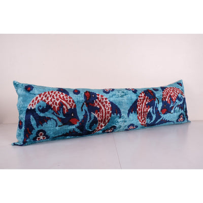 Fish Ikat Velvet Bedding Pillow, Silk Long Animal Lumbar Cushion Cover, Uzbek Velvet Cushion Cover 15'' x 49''