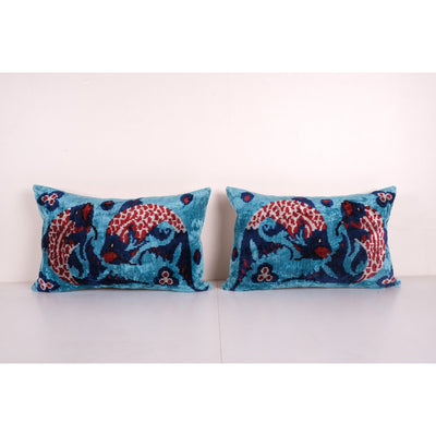 Pair Fish Silk Ikat Velvet Pillow, Set of Two Animal Ikat Lumbar Cushion Cover, Extraordinary Design Velvet Cushion 16'' x 24''