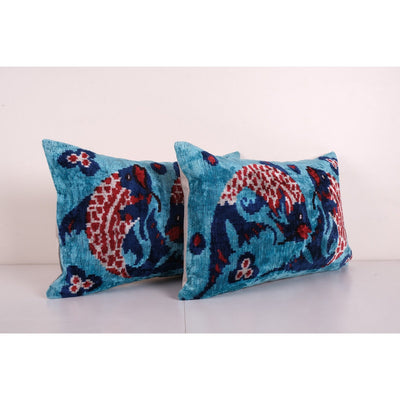 Pair Fish Silk Ikat Velvet Pillow, Set of Two Animal Ikat Lumbar Cushion Cover, Extraordinary Design Velvet Cushion 16'' x 24''