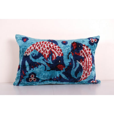Fish Ikat Velvet Pillow, Handloom Silk Animal Lumbar Cushion Cover, Pictorial Blue Velvet Lumbar Pillows, Boho Pillow 16'' x 24''