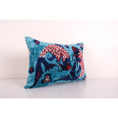 Fish Ikat Velvet Pillow, Handloom Silk Animal Lumbar Cushion Cover, Pictorial Blue Velvet Lumbar Pillows, Boho Pillow 16'' x 24''