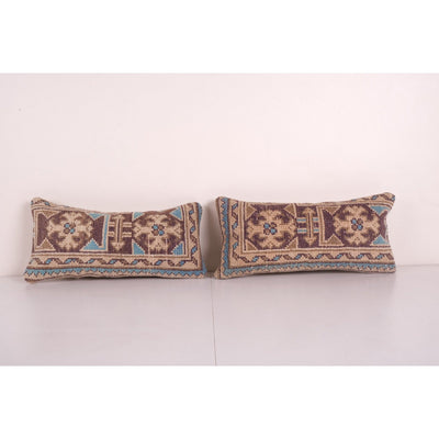 Muted Turkish Oushak Rug Pillow - Pair Vintage Wool Rectangular Rug Cushion Cover - Set of Two Anatolian Rug Pillow Cover 10'' x20