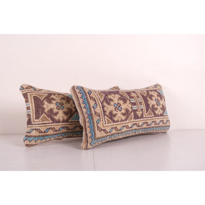 Muted Turkish Oushak Rug Pillow - Pair Vintage Wool Rectangular Rug Cushion Cover - Set of Two Anatolian Rug Pillow Cover 10'' x20