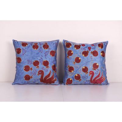 Traditional Navy Blue Silk Suzani from Uzbekistan, Set of Two Duck Hand Embroidered Cushion Cover 19'' x 19''
