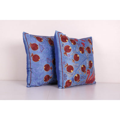 Traditional Navy Blue Silk Suzani from Uzbekistan, Set of Two Duck Hand Embroidered Cushion Cover 19'' x 19''