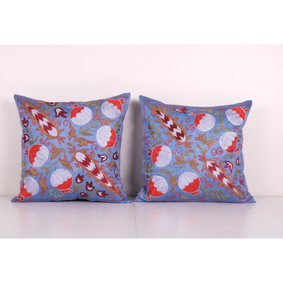 Pair Suzani Silk Cushion Cover from Uzbekistan, Set of Two Embroidered Suzani Floral Pattern Boho Pillow 19'' x 19''
