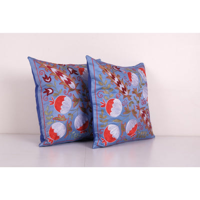 Pair Suzani Silk Cushion Cover from Uzbekistan, Set of Two Embroidered Suzani Floral Pattern Boho Pillow 19'' x 19''