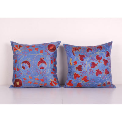 Pair Suzani Silk Cushion Cover from Uzbekistan, Set of Two pomegranate Embroidered Suzani Floral Pattern Boho Pillow 19'' x 19''