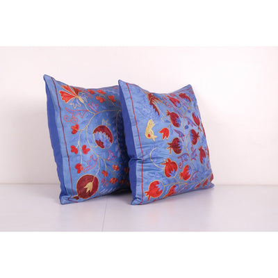 Pair Suzani Silk Cushion Cover from Uzbekistan, Set of Two pomegranate Embroidered Suzani Floral Pattern Boho Pillow 19'' x 19''