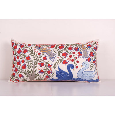 Uzbek Extra Long Blue Suzani Bed Cushion Cover with Animal Motif, Tree of life Pattern Embroidery Pillow Case Made from Cotton 18'' x 35''