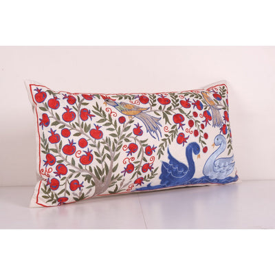 Uzbek Extra Long Blue Suzani Bed Cushion Cover with Animal Motif, Tree of life Pattern Embroidery Pillow Case Made from Cotton 18'' x 35''