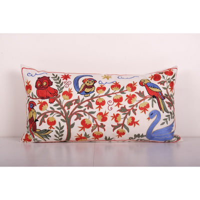 Animal Motif Suzani Bedding Pillow, Vintage Embroidered Textile from Bukhara, Extra Long Eagle and Duck Motif Suzani Cushion 18'' x 35''