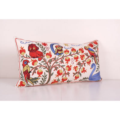 Animal Motif Suzani Bedding Pillow, Vintage Embroidered Textile from Bukhara, Extra Long Eagle and Duck Motif Suzani Cushion 18'' x 35''