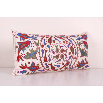 Bohemian Fish Figured Cotton Pillowcase, Ethnic Animal Pattern Designer Bedding Cushion - Hand Embroidered Pillow Cover 18'' x 35''