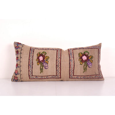 Embroidered Handmade Designer Floral Aubusson Style Cushion Pillow Cover, Turkish Decorative Hippie Bed Cushion 17'' x 35''