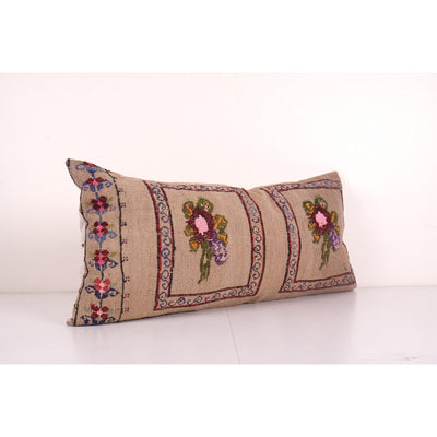 Embroidered Handmade Designer Floral Aubusson Style Cushion Pillow Cover, Turkish Decorative Hippie Bed Cushion 17'' x 35''