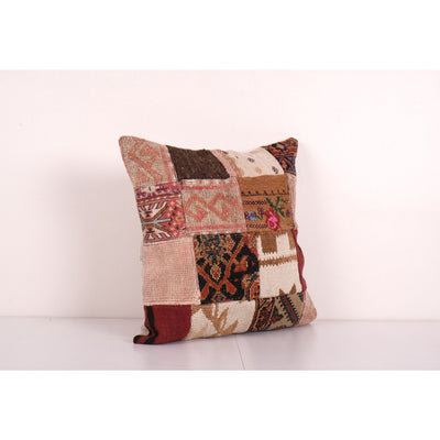Unique Wool Patchwork Kilim Pillow, Tribal Couch Pillow, Square Decorative Turkish Kilim Pillow, Anatolian Boho Pillow 20'' x 20''
