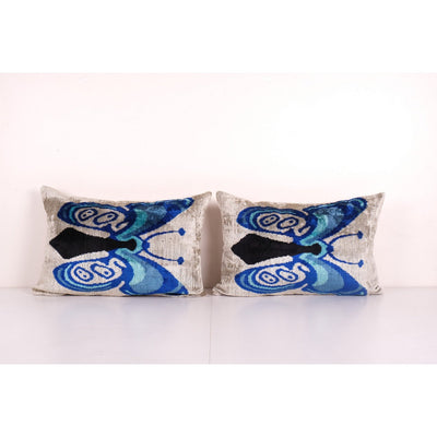 Butterfly Ikat Pillow | Handloom Silk Lumbar Cushion Cover | Animal Pattern Velvet Lumbar Pillows 16'' x 24''