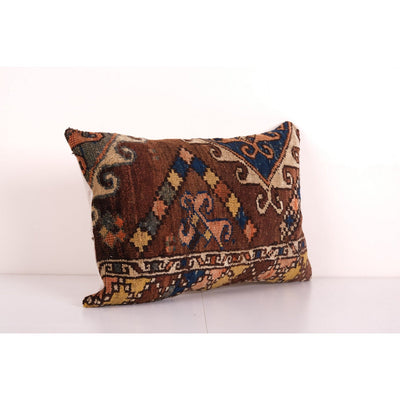 Muted Turkish Oushak Rug Pillow Copper Cover, Faded Kurdish Herki Boho Woven Couch Carpet Pillow Cover 16'' x 24''