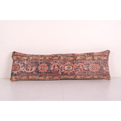 Bohemian Bedding Oushak Rug Pillow Cover, Long Turkish Lumbar Pillow with Mid Century Design, Wool Woven Hippie Bed Pillow 12'' x 35''