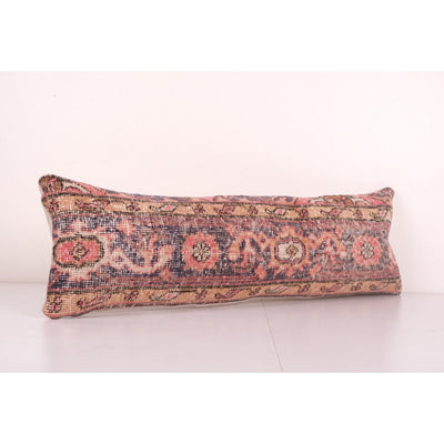 Bohemian Bedding Oushak Rug Pillow Cover, Long Turkish Lumbar Pillow with Mid Century Design, Wool Woven Hippie Bed Pillow 12'' x 35''
